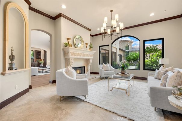 Chandelier, Fireplace, Interior, Living room, Recessed Lighting, Wood Texture Flooring