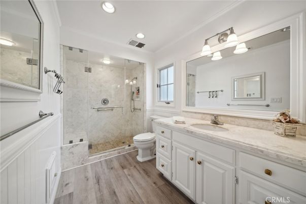 Bathroom, Glass Shower, Interior, Marble Walls, Recessed Lighting, Wood Texture Flooring
