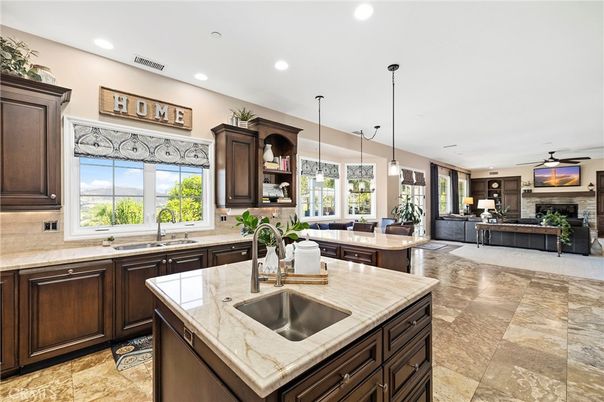 Dining room, Fireplace, Interior, Kitchen, Living room, Pendant Lights, Recessed Lighting