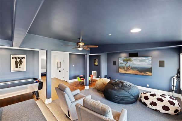 Billiard Table, Game Room, Interior, Recessed Lighting, Wood Texture Flooring