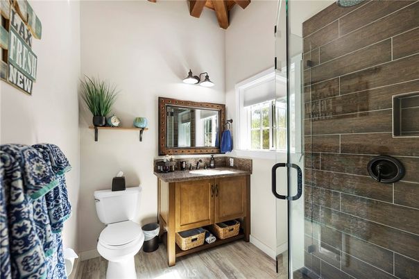 Bathroom, Glass Shower, Interior, Wooden Beams, Wood Texture Flooring
