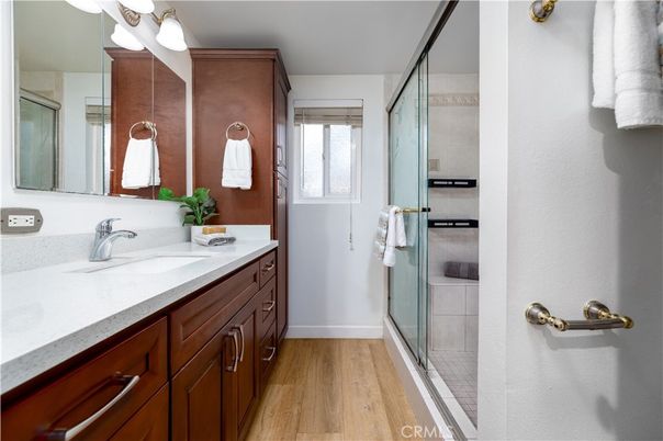 Bathroom, Glass Shower, Interior, Wood Texture Flooring