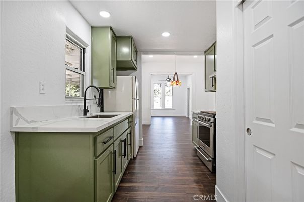Interior, Kitchen, Pendant Lights, Recessed Lighting, Stainless Steel Appliances, Wood Texture Flooring