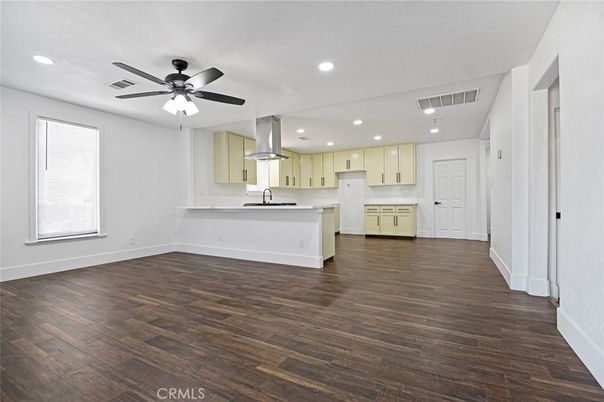 Empty room, Interior, Kitchen, Recessed Lighting, Wood Texture Flooring