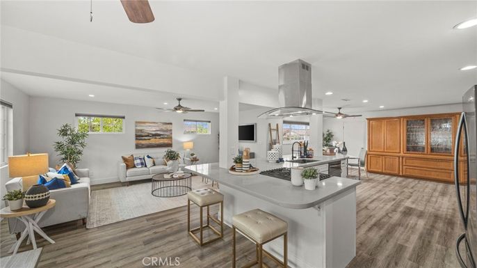 Dining room, Interior, Kitchen, Living room, Recessed Lighting, Wood Texture Flooring