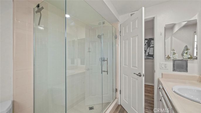Bathroom, Glass Shower, Interior, Tile Countertops, Wood Texture Flooring