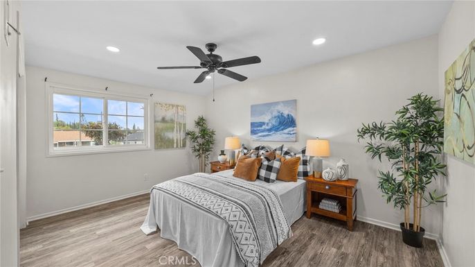 Bedroom, Interior, Recessed Lighting, Wood Texture Flooring