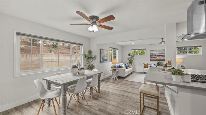 Dining room, Interior, Living room, Recessed Lighting, Wood Texture Flooring