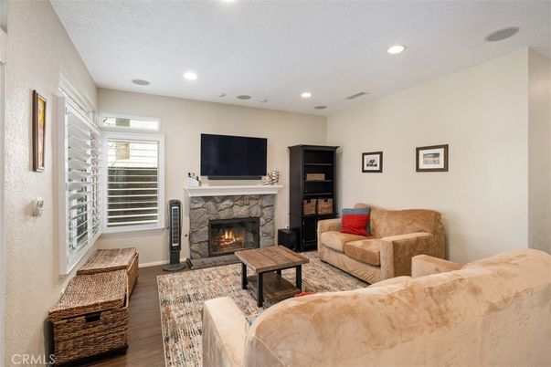 Fireplace, Interior, Living room, Recessed Lighting, Wood Texture Flooring
