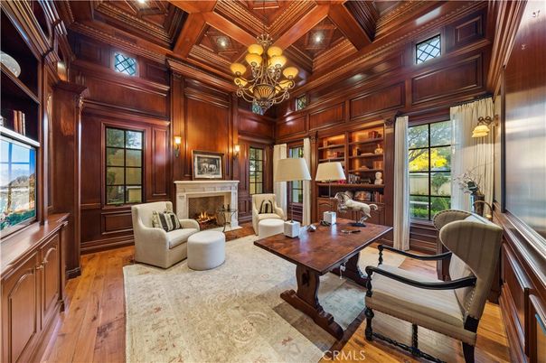 Chandelier, Fireplace, Home Office, Interior, Living room, Recessed Lighting, Wooden Beams, Wooden Ceilings, Wood Texture Flooring, Wooden Walls