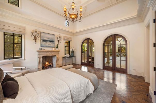 Bedroom, Chandelier, Fireplace, Interior, Wood Texture Flooring