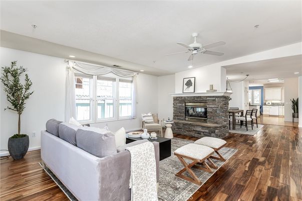 Dining room, Fireplace, Interior, Living room, Recessed Lighting, Wood Texture Flooring
