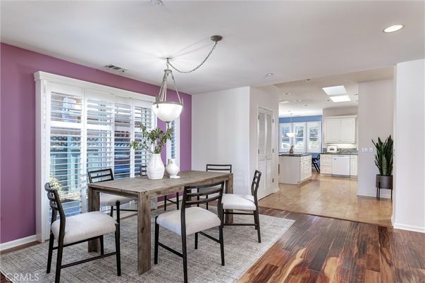Dining room, Interior, Kitchen, Pendant Lights, Recessed Lighting, Wood Texture Flooring