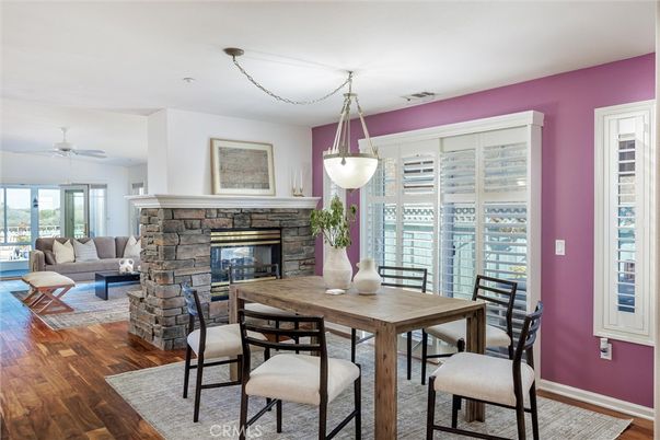 Dining room, Fireplace, Interior, Living room, Pendant Lights, Wood Texture Flooring