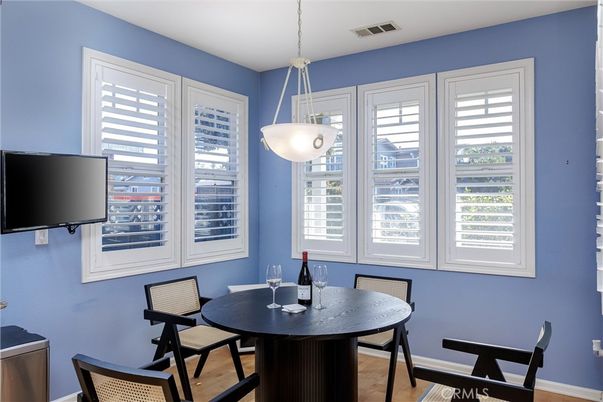 Dining room, Interior, Pendant Lights, Wood Texture Flooring