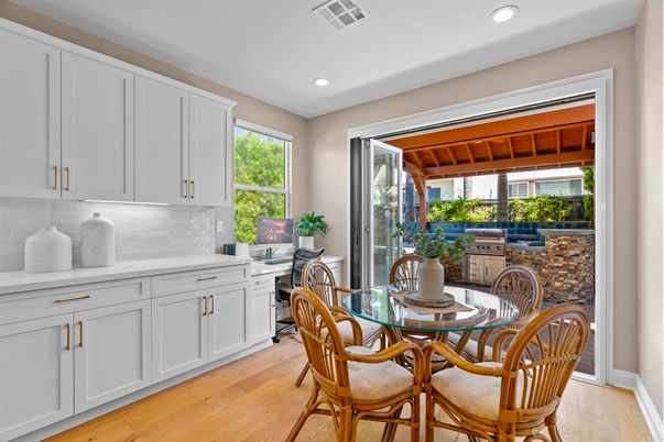 Dining room, Interior, Recessed Lighting, Wood Texture Flooring