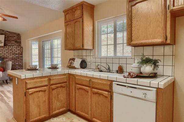 Interior, Kitchen, Tile Countertops, Wood Texture Flooring