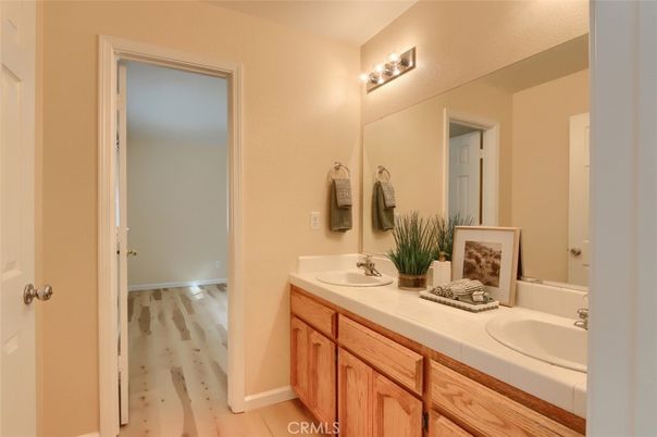 Bathroom, Dual Sink Vanities, Interior, Tile Countertops, Wood Texture Flooring