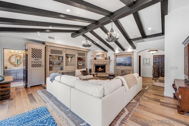 Chandelier, Fireplace, Interior, Living room, Recessed Lighting, Wooden Beams, Wood Texture Flooring