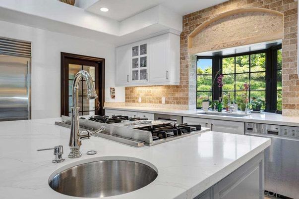 Interior, Kitchen, Recessed Lighting, Stainless Steel Appliances, Stone Walls