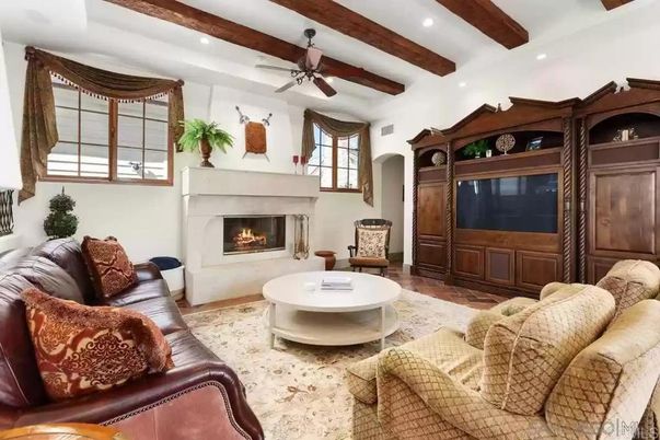 Fireplace, Interior, Living room, Recessed Lighting, Wooden Beams