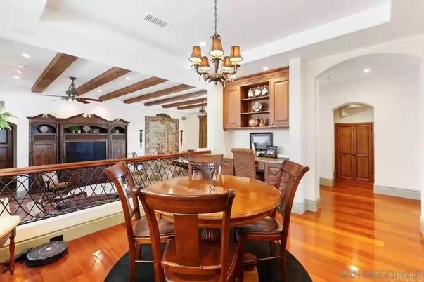 Chandelier, Dining room, Interior, Recessed Lighting, Wooden Beams, Wood Texture Flooring