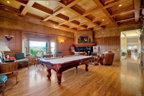 Billiard Table, Fireplace, Game Room, Interior, Recessed Lighting, Wooden Beams, Wooden Ceilings, Wood Texture Flooring, Wooden Walls