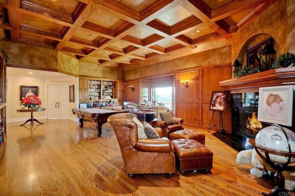 Billiard Table, Fireplace, Game Room, Interior, Living room, Recessed Lighting, Wooden Beams, Wooden Ceilings, Wood Texture Flooring, Wooden Walls
