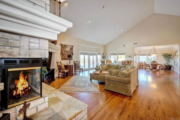 Dining room, Fireplace, Interior, Living room, Pendant Lights, Recessed Lighting, Wood Texture Flooring