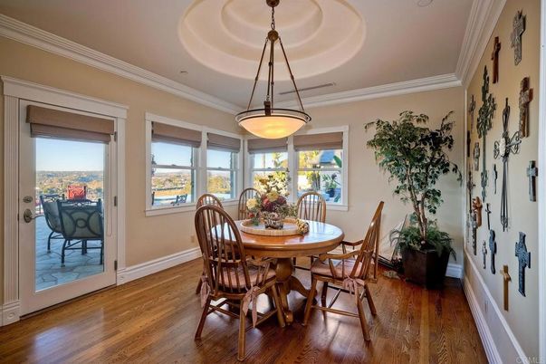 Dining room, Interior, Pendant Lights, Wood Texture Flooring