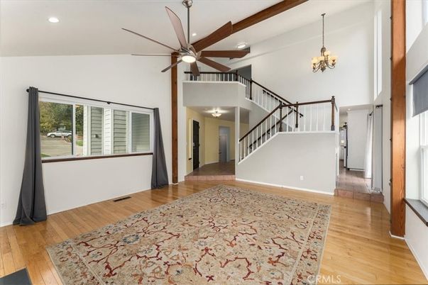 Chandelier, Interior, Recessed Lighting, Wooden Beams, Wood Texture Flooring