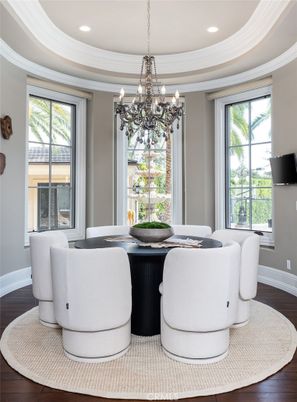 Chandelier, Dining room, Interior, Recessed Lighting, Wood Texture Flooring