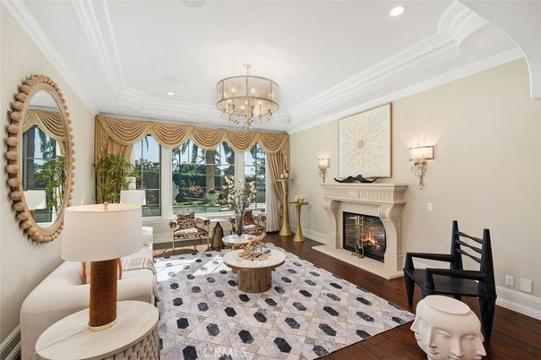 Chandelier, Fireplace, Interior, Living room, Recessed Lighting, Wood Texture Flooring
