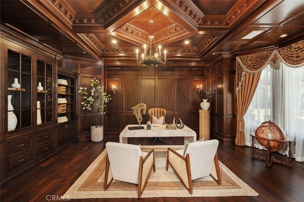 Chandelier, Home Office, Interior, Recessed Lighting, Wooden Beams, Wooden Ceilings, Wood Texture Flooring, Wooden Walls