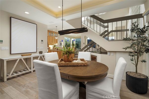 Dining room, Interior, Pendant Lights, Recessed Lighting, Wood Texture Flooring