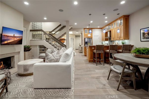 Dining room, Fireplace, Interior, Kitchen, Living room, Pendant Lights, Recessed Lighting, Wood Texture Flooring