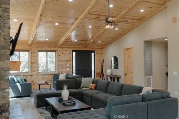 Fireplace, Interior, Living room, Recessed Lighting, Stone Walls, Wooden Beams, Wooden Ceilings, Wood Texture Flooring, Wooden Walls
