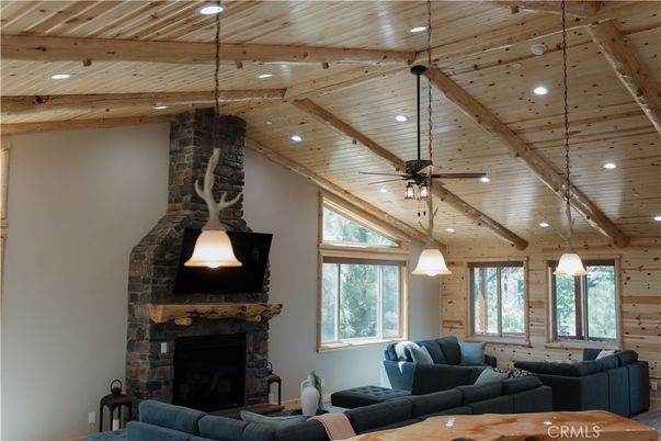 Fireplace, Interior, Living room, Pendant Lights, Recessed Lighting, Wooden Beams, Wooden Ceilings