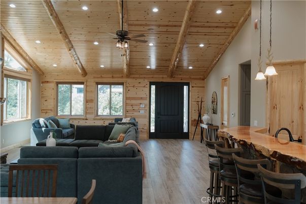 Interior, Living room, Pendant Lights, Recessed Lighting, Wooden Beams, Wooden Ceilings, Wood Texture Flooring, Wooden Walls
