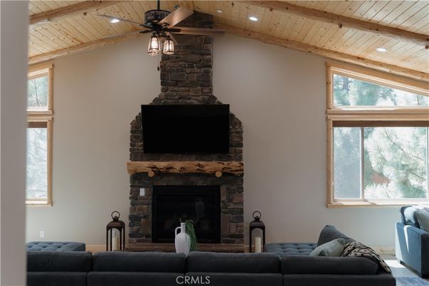Fireplace, Interior, Living room, Recessed Lighting, Stone Walls, Wooden Beams, Wooden Ceilings
