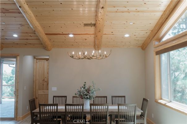 Chandelier, Dining room, Interior, Recessed Lighting, Wooden Beams, Wooden Ceilings