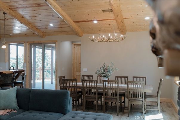 Chandelier, Dining room, Interior, Living room, Recessed Lighting, Wooden Beams, Wooden Ceilings, Wood Texture Flooring