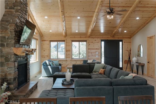 Fireplace, Interior, Living room, Recessed Lighting, Stone Walls, Wooden Beams, Wooden Ceilings, Wood Texture Flooring, Wooden Walls