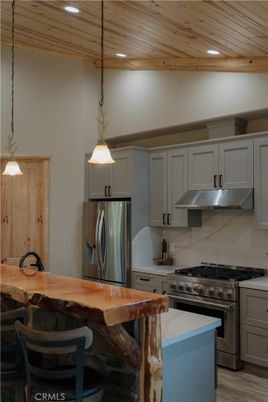 Interior, Kitchen, Pendant Lights, Recessed Lighting, Stainless Steel Appliances, Wooden Ceilings, Wood Texture Flooring