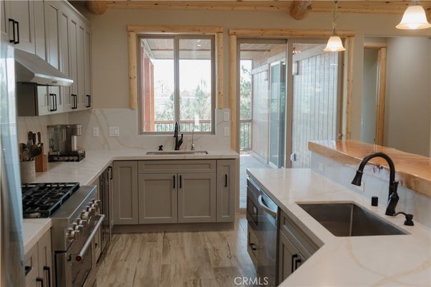 Interior, Kitchen, Pendant Lights, Stainless Steel Appliances, Wooden Beams, Wood Texture Flooring