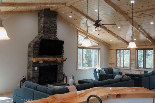 Fireplace, Interior, Living room, Recessed Lighting, Stone Walls, Wooden Beams, Wooden Ceilings