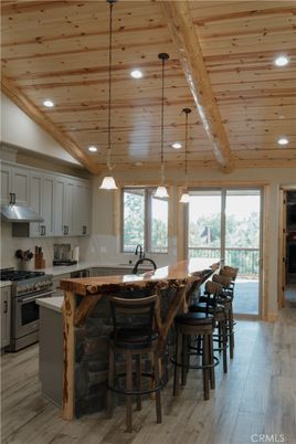 Interior, Kitchen, Pendant Lights, Recessed Lighting, Stainless Steel Appliances, Wooden Beams, Wooden Ceilings, Wood Texture Flooring