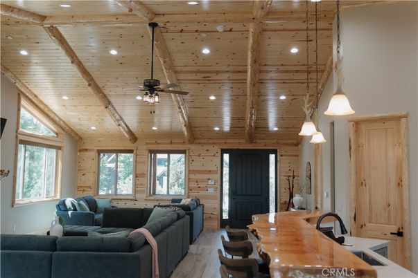 Interior, Living room, Pendant Lights, Recessed Lighting, Wooden Beams, Wooden Ceilings, Wood Texture Flooring, Wooden Walls
