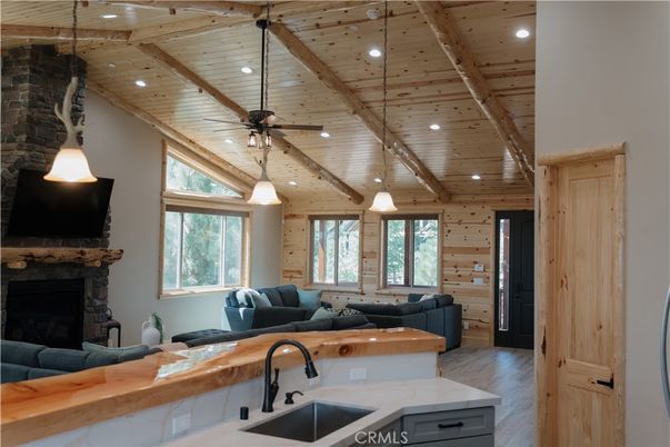 Fireplace, Interior, Kitchen, Living room, Pendant Lights, Recessed Lighting, Wooden Beams, Wooden Ceilings, Wood Texture Flooring