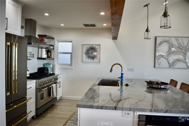 Interior, Kitchen, Pendant Lights, Recessed Lighting, Stainless Steel Appliances, Wooden Beams, Wood Texture Flooring